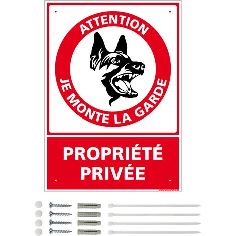 Panneau de signalisation prépercé PVC ou ALU rectangulaire + kit de fixation - Attention, je monte la garde propriété privée - ALU 2 mm - 210 x 300 mm