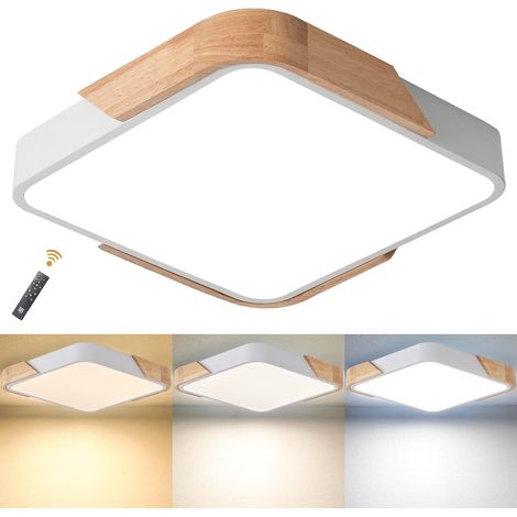 Plafonnier LED 18 W, carré et moderne en bois, idéal pour salon, cuisine, chambre, salle à manger, couloir et balcon, 30 x 30 cm, intensité variable avec télécommande [Classe énergétique E] (1/5)