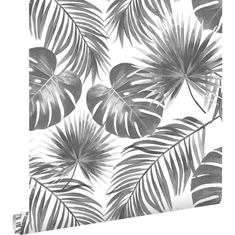 Papier peint feuilles tropicales noir et blanc – Intissé écologique – Dimensions 53cm x 10,05m – Raccord sauté – Pose facile sans table – Estahome (1/5)