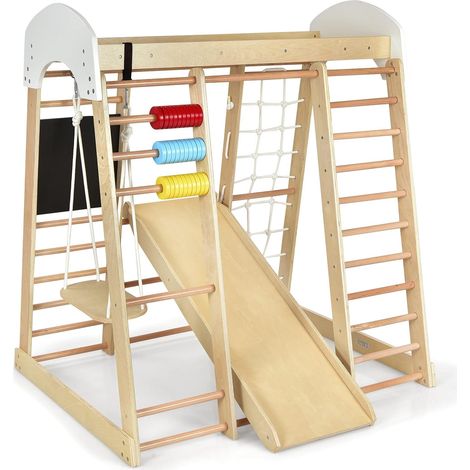 COSTWAY Set Arrampicata 8 in 1 per Bambini, con Scivolo, Rocce da Arrampicata e Scala, Rete da Arrampicata, Barra Orizzontale, Centro attività di Legno da Interno per Bambini 3 Anni +, Naturale (1/5)