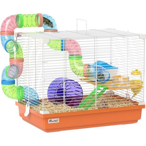 Cage pour hamster orange 46x30x37 cm avec tunnel, gamelle, biberon, roue et plateau amovible, habitat complet facile entretien