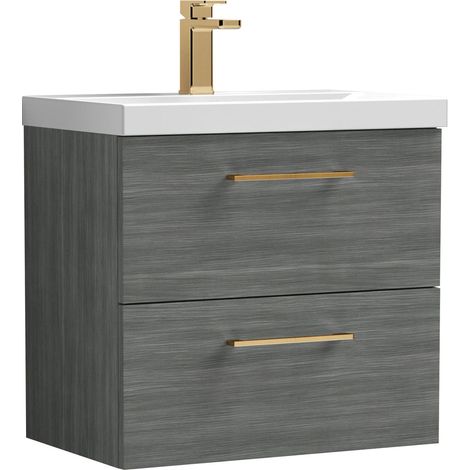 Balterley 600mm Wall Hung Bathroom 2 Drawer Vanity Unit and 1 Tap Hole Ceramic Basin, Woodgrain Anthracite with Brushed Pewter Handles