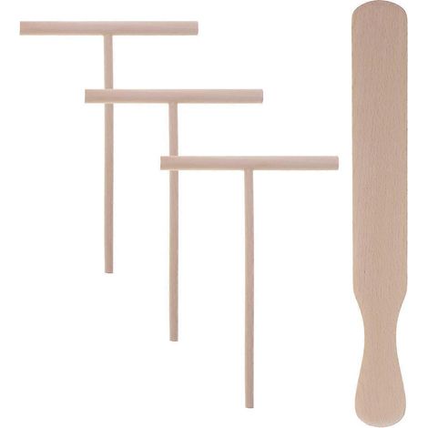 Ensemble de 4 ustensiles de cuisine pour crêpes : spatule et râteau à tortillas en bois (1 spatule en bois de hêtre + 3 spatules en bois en forme de T). (1/4)