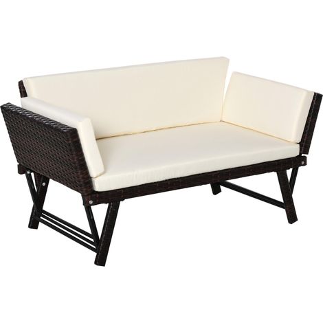 Canapé de jardin en polyrotin, 2 places, mobilier de jardin, canapé lounge, banc de jardin, chaise longue de jardin, pliable, accoudoirs en acier, marron, 129 x 63 x 67 cm