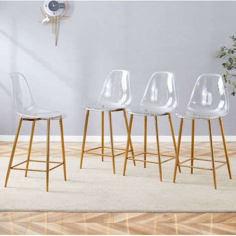 Tabouret de bar transparent, lot de 2 ou 4, structure métallique dorée, style moderne pour cuisine et bar (1/5)