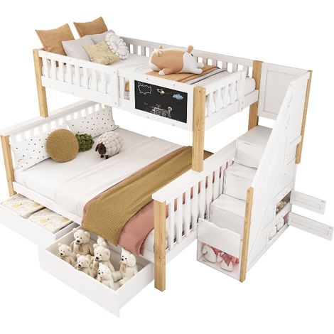 Kinder-Etagenbett mit Treppe und Stauraum, Stockbett 90x200 und 140x200 aus Massivholz, mit Schubladen und Tafel, Weiß und Helle Eiche (1/5)