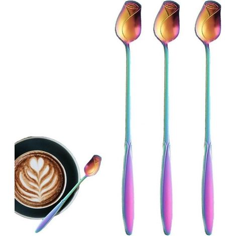Juego de cucharas de café - Cucharas de té de mango largo - Agitadores de postre - Acero inoxidable - 3 piezas - Colorido (1/5)