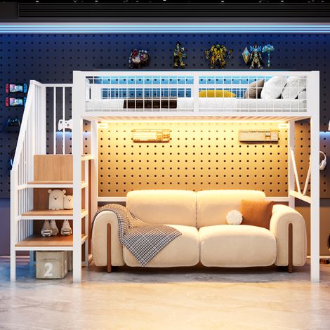 Lit mezzanine métal 1 place 90x200 cm, escalier de rangement, barre de penderie, garde-corps grillagé, LED, espace libre de 144 cm sous le lit, blanc (1/5)
