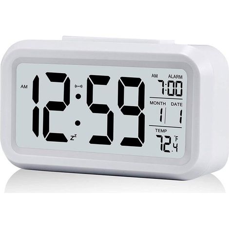 Réveil Digital Réveil Matin, Horloge Numérique Réveil à Pile Silencieux Grand écran LED Température Calendrier (Blanc) (1/5)