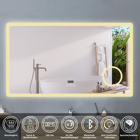 Badspiegel mit Beleuchtung Badezimmerspiegel Wandspiegel Anti-Beschlag Wasserdicht Wandmontagespiegel Lichtspiegel 140 x 80 cm Beschlagfrei+Uhr+Bluetooth+Kosmetikspiegel+3 Farben Dimmbar+LED Memory Fu