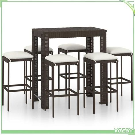 Ensemble de bar de jardin - FAFEICY - 3064783 - 1 table + 6 tabourets - Résine tressée marron - Coussins polyester (1/5)