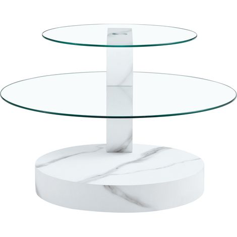 Moderner Couchtisch mit zwei Ebenen aus gehärtetem Glas und weißer MDF-Marmoroptik (1/5)