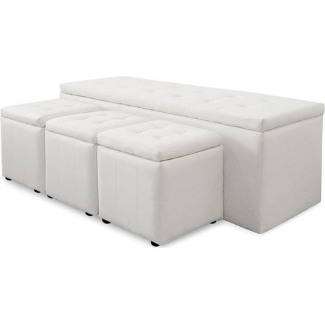 Banc Coffre Panky XL + 3 poufs Blanc