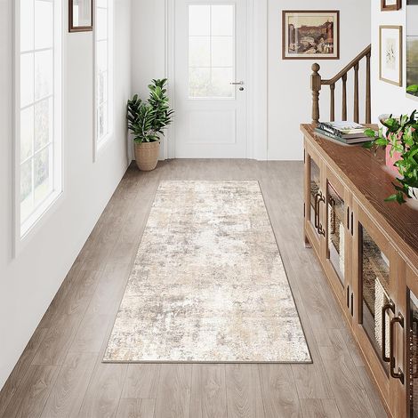Moderne Beige Gris Tapis de Couloir Lavable 60x180cm Long Rug (1/5)