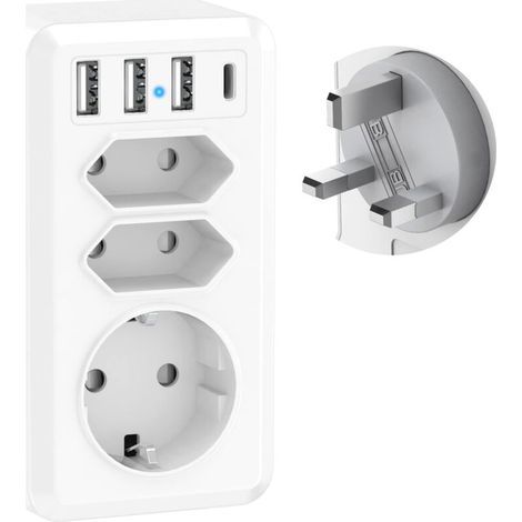 7 in 1 Travel Adapter with 3 USB and USB-C France to UK Adapter, English Plug, UK Type G Adapter for Ireland, Malaysia, England, United Kingdom, Dubai