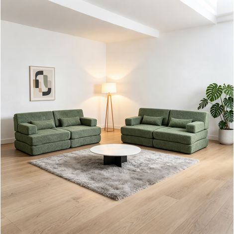 MODFU – Divano letto 2-in-1 modulabile in ciniglia con schienale rialzato, convertibile senza attrezzi, struttura in ferro e salvaspazio per salone – Verde (1/5)