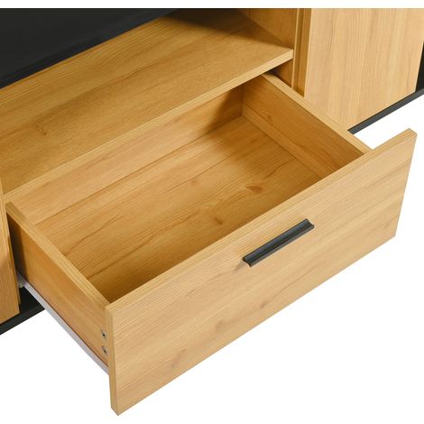 Armoire de télévision avec un compartiment, trois portes, deux compartiments ouverts. Meuble de télévision en verre. Plateau de télévision. Structure fine. Couleurs de bois noires et naturelles. 16 lu (1/5)