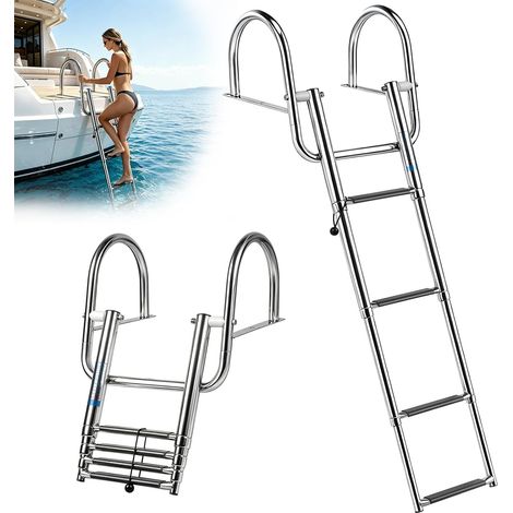 Échelle de Quai 4 marches Amovible, échelle de Piscine en Acier Inoxydable, Pliable et télescopique, avec Marches Antidérapantes et Main Courante, pour Bateau, Yacht, Piscine, Charge Maximale 200 kg (1/5)