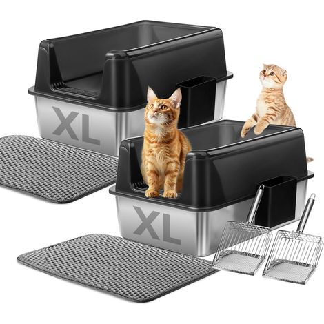 Lot de 2 bacs à litière pour chat, bacs à litière XL en acier inoxydable 60x40x31 CM, grand format, anti-fuites d'urine, non collant, facile à nettoyer, anti-rayures, comprend une pelle en (1/5)