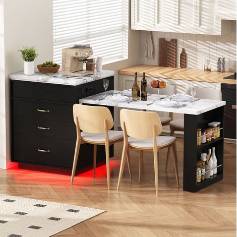 FLORAGRACE Îlot de cuisine à roulettes 125.5 x 71 x 93 cm en MDF noir extensible, table à manger avec LED, prises USB/Type-C (1/5)