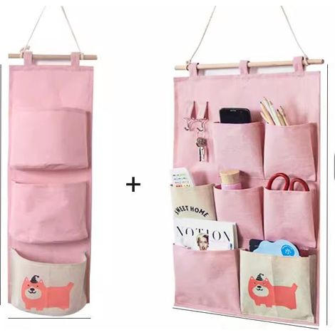 Sac de Rangement Mural 2 Styles Tissu Lin Organisateur avec Petites Poches pour Maison Bureau-Rose (1/5)