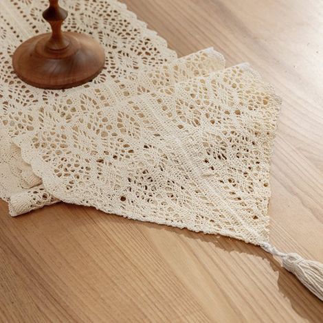 pieza，Camino de mesa de algodón vintage calado tejido a crochet，Mantel para mueble de TV o mesa de centro，120 x 25 cm，Blanco (1/4)