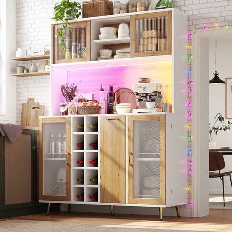 Buffet de cuisine blanc effet bois avec LED, 5 portes, rangement vin et prises (1/5)