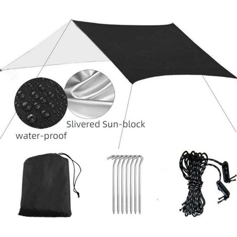 Tente d'abri solaire imperméable 3 m x 3 m, bâche anti-UV, tente de plage, ombrage, hamac de camping en plein air, pare-pluie, auvent de camping, haubans et piquets inclus pour la randonnée, le sac à