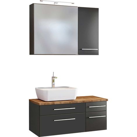 Badmöbel Set inkl. LED-Spiegelschrank 90 cm & Keramik Aufsatzwaschbecken Links TAREE-03 in matt grau (1/5)