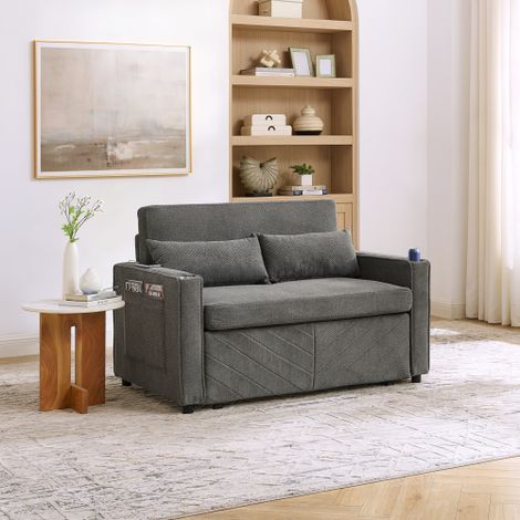Sofá cama 3 en 1 con puertos USB, bolsillos laterales y sistema deslizante, de tela, gris oscuro (1/5)