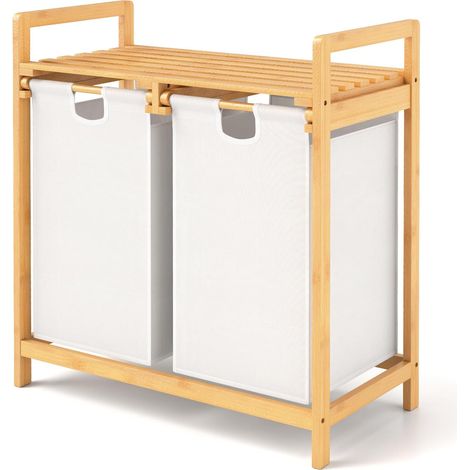COSTWAY Cesto Portabiancheria in Bambù, Cesto della Biancheria Sporca con 2 Scompartimenti Estraibili, con Borse Rimovibili e Mensola in Alto, 64 x 33 x 73 cm (Bianco)