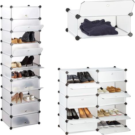 【Schuhschrank mit 10 Fächern】Plastik-Schuhorganizer für 20 Paar Schuhe • Modulares Regal mit Tür & Werkzeug • Weiße Aufbewahrungsbox für Schuhschrank