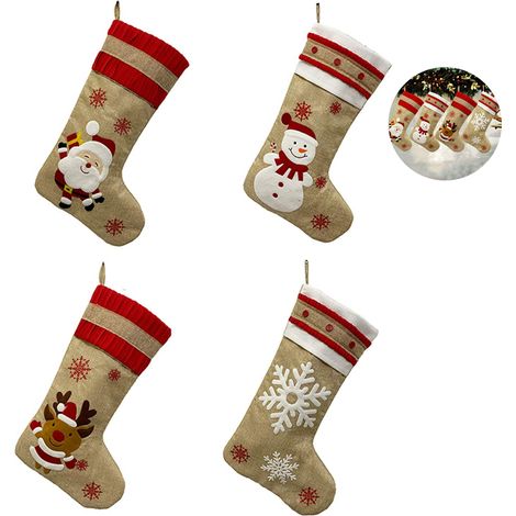 Lot de 4 Chaussettes de Noël, décoration intérieure, lin et jute, suspendre cheminée, fêtes de fin d'année (1/5)
