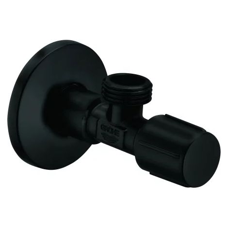 GROHE Llave de escuadra 102342, conexión a pared 1/2'', salida 1/2'', vástago largo, mando metálico ergonómico, indicación neutra, roseta corredera 55mm, matt black, 1023422430