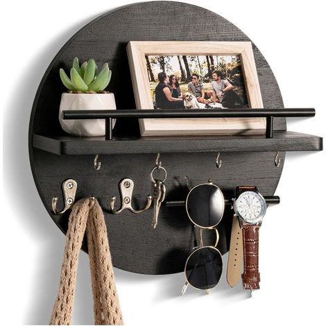 Porte-clés mural rond en bois – organiseur avec plateau de rangement et crochets – pour entrée, couloir, chambre et bureau,Noir (1/5)