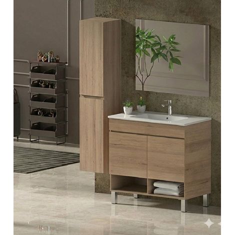 Mobile Bagno NEBARI com gambe Già Montato 2 portas, lavabo e specchio Estepa 50x40 cm con colonna