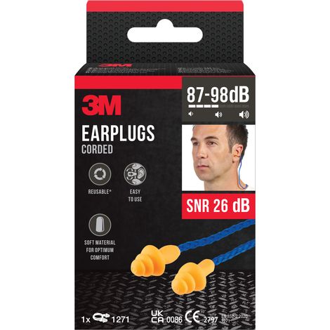 Bouchons d'oreille avec cordelette 3M™ 1271, conception à trois collerettes, réutilisables, SNR 26 dB, oranges (1/5)