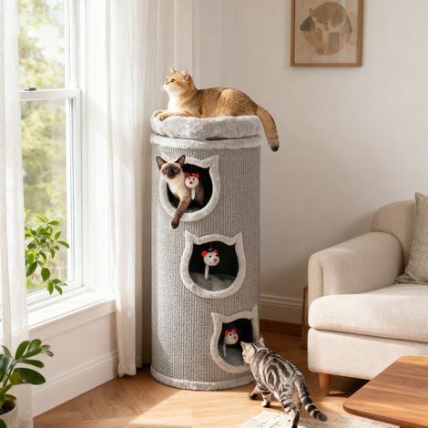Baron à grattage pour chats - 3 grottes pour dormir - pour plusieurs chats Gris ManBo - tour à chat à 4 niveaux avec lit lavable - 96 cm