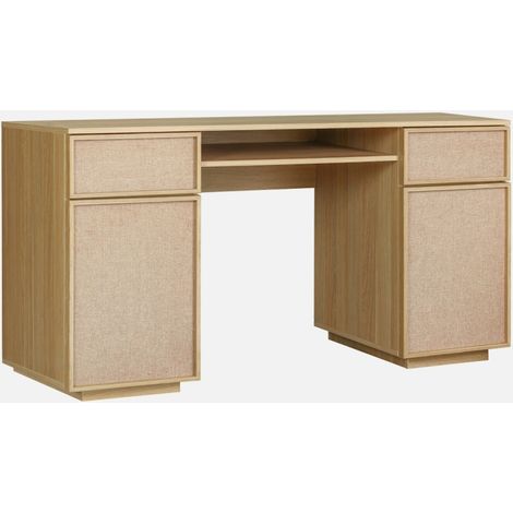 Escritorio efecto madera y tela con 2 puertas, 2 cajones y 1 nicho, 140cm (1/5)