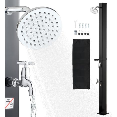 Douche solaire extérieure 35L, hauteur pommeau 195cm, robinet pied et porte-savon, réglage eau chaude/froide, autoportante pour jardin piscine plage, noire (1/5)