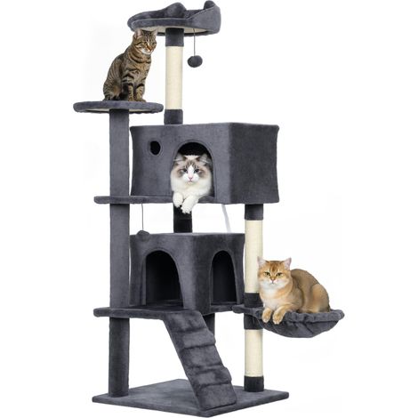Arbre à chat de 140 cm de haut avec 2 niches, un couchage et un hamac pour 2 à 3 chats, revêtement peluche, gris (1/5)