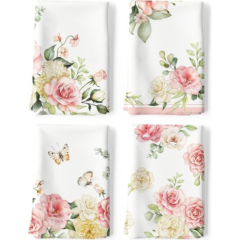 Lot de 4 Torchons de Cuisine Fleur Aquarelle Décoratif Essuie Main Absorbante 100% Coton Papillon Torchon Vaisselle Saisonnier Cadeaux pour Crémaillère et Cuisine 48 cm x 70 cm (1/5)