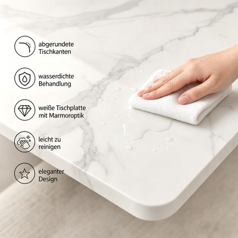 Table à manger rectangulaire pour 6 à 8 personnes plateau marbre blanc. Base métallique noire forme X,structure MDF blanche pour cuisine et bureau.