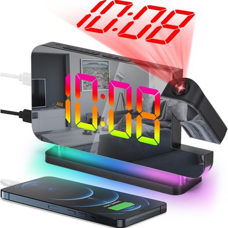 Réveil projecteur, horloge miroir numérique de 7,4 pouces avec projecteur rotatif à 180°, veilleuse RGB, port de chargement USB-C et variateur automatique.