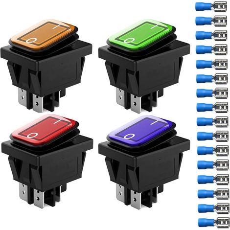 4pcs 12V 24V 20A Interrupteur à Bascule Étanche avec Indicateur LED, 4 Broches 2 Positions DPST on-Off Commutateur pour Voiture Camion Moto Bateau Marine (Rouge Jaune Bleu Vert) (1/5)
