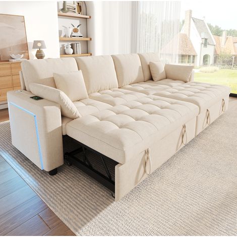 Sofá cama esquinero 4 plazas 262,5x140x89 cm de chenilla beige, extensible para salón FloraGrace (1/5)