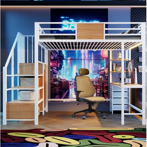 Cama alta con escritorio almacenaje LED metálica OKMYHOME (1/5)