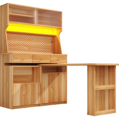Credenza alta con scrivania e piano bar LED, porte in vetro e ripiani regolabili (1/5)