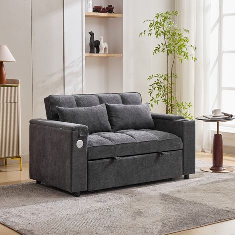 Canapé-lit 2 places convertible, dossier réglable 3 positions, ports USB et Type-C, coffre et tablette escamotable, gris, pour petits espaces  CHICFURN (1/5)
