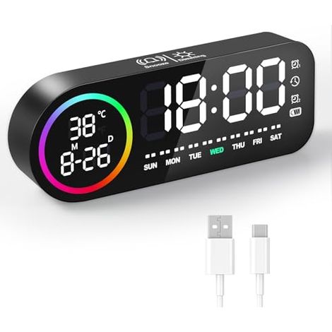 Réveil Numérique avec Grand écran LED- Horloge Numérique Réveil Matin avec Affichage du Jour de La Semaine, Écran Tactile, Double Alarme (Fonction Snooze, Gradateur 5 Niveaux) - Noir (1/5)